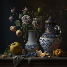 Still Life On A Gradient Background. Fresh Fruit Deluxe Decanter Gold Ornament Vase Vegetables High Resolution Art Generative Artificial Intelligence