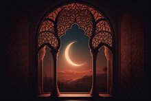 An Elegant Illustration Of A Mosque Window With The Moon In The Distance. Use Warm Colors And Intricate Patterns To Create A Balanced And Harmonious Composition Generative AI