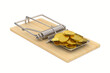 mousetrap and money on white background. Isolated 3d illustration