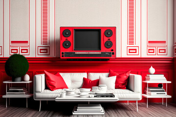 vintage white and red duotone lofi retro-futurism architectural living room scene with antique analog television and stereo equipment, urban living (generative ai) hyper-realistic 3d render