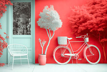  Retro-Futurism Lofi Architectural Living Room Scene, Open Garden With Trees And Flowers, Light And Colorful Pastel Red & White Duotone 3d Realistic (generative Ai) Render