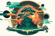 Mighty Tree in the center of a floating island during sunset with retro-futurism lines colorful Japanese comic cartoon UKIYO-E woodblock print isolated in a circle, white background (generative ai) 
