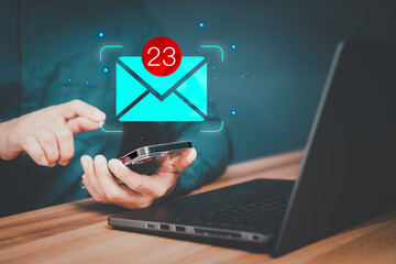 Poster - Adult man holding a mobile phone and touching with virtual screen newsletter for electronic mail or E-mail. Email marketing and newsletters, notification alert, technology and internet on smartphone.