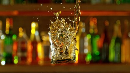 Poster - Super slow motion of flying glass of whiskey splashing. Filmed on high speed cinema camera, 1000 fps. Ultimate pouring with flying glass with ice cube. Speed ramp effect.
