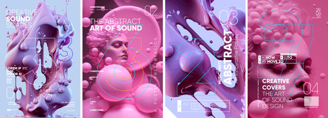 abstract art design. stiff, liquid, molten objects. set of vector illustrations. posters and musical