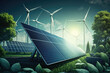Renewable energy background with green energy as wind turbines and solar panels