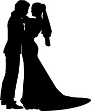 Bride And Groom Couple Silhouettes. Woman In A Bridal Wedding Dress