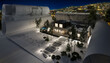 Entwurf eines Einfamilienhauses mit Dachterrasse und Swimmingpool bei Abendbeleuchtung (Stadtpanorama im Hintergrund) - 3D Visualisierung