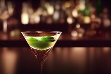 Close Up A Glass Of Martini Cocktail At Vintage Bar Bokeh Light, Generative Ai