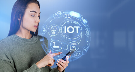 Poster - Woman with smartphone and IOT sphere with icons, digital connect