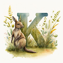 Cute Kangaroo And The Letter K: Exploring Nature And Learning The Alphabet, Watercolor Illustration Kids AI Generative