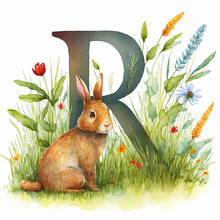 Cute Rabit And The Letter R: Exploring Nature And Learning The Alphabet, Watercolor Illustration Kids AI Generative