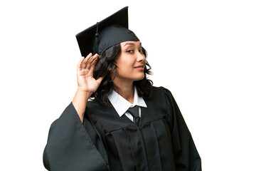 Wall Mural - Young university graduate Argentinian woman over isolated background listening to something by putting hand on the ear