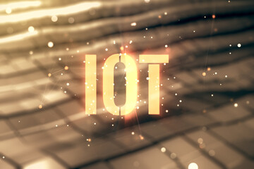 Poster - Double exposure of abstract virtual IOT hologram on blurry metal background, research and development concept