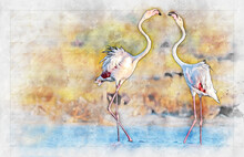Pink Big Birds Great Flamingos, Flamingos Looking For Food In Water. Wildlife From Nature. Animal Scene. Watercolor Artistic Work .