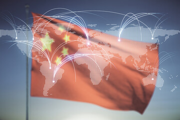 Aufkleber - Double exposure of abstract digital world map hologram with connections on flag of China and sunset sky background, research and strategy concept