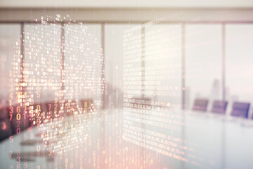 Aufkleber - Double exposure of abstract virtual creative code skull hologram on a modern meeting room background. Malware and cyber crime concept