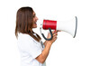 © luismolinero - Middle age volunteer woman over isolated chroma key background shouting through a megaphone