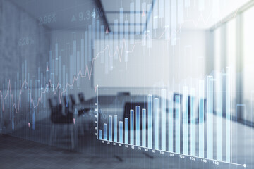 Poster - Abstract virtual financial graph hologram on a modern conference room background, forex and investment concept. Multiexposure