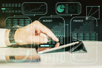 Poster - Abstract creative analytics data spreadsheet with finger clicks on a digital tablet on background, analytics and analysis concept. Multiexposure