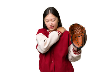 Wall Mural - Young asian woman with baseball glove over isolated background suffering from pain in shoulder for having made an effort