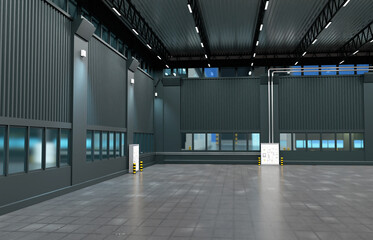 Poster - Empty production building. Hangar interior for warehouse or factory. Industrial building. Empty production building with square windows. Industrial hangar with concrete floor tiles. 3d rendering.
