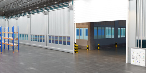 Poster - Distribution center building. Hangar with large open gates. Distribution center with shelving. Visualization of interior of distribution center. Concept of industrial warehouses. 3d image.