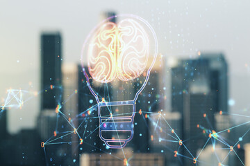 Poster - Double exposure of abstract virtual creative light bulb hologram with human brain on blurry cityscape background, idea and brainstorming concept