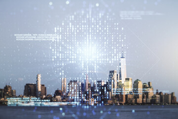 Poster - Double exposure of abstract virtual creative code skull hologram on New York city skyscrapers background. Malware and cyber crime concept