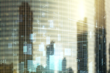 Poster - Multi exposure of abstract virtual graphic data spreadsheet sketch on modern architecture background, analytics and analysis concept