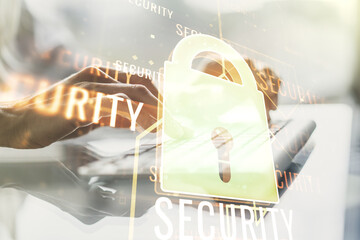 Poster - Creative lock sketch with chip hologram and hands typing on computer keyboard on background, protection of personal data concept. Multiexposure