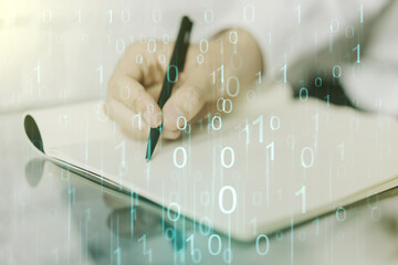 Aufkleber - Creative abstract binary code hologram and man hand writing in diary on background, AI and machine learning concept. Multiexposure