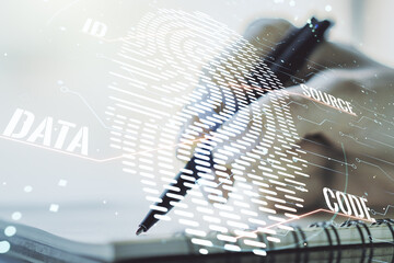 Aufkleber - Double exposure of abstract creative fingerprint hologram with woman hand writing in notepad on background, protection of personal information concept