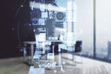 Poster - Double exposure of creative artificial Intelligence symbol and modern desktop with laptop on background. Neural networks and machine learning concept