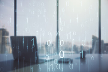 Aufkleber - Creative concept of binary code illustration and modern desktop with computer on background. Big data and coding concept. Multiexposure