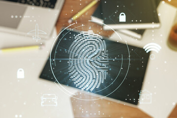 Poster - Multi exposure of abstract fingerprint scan interface and modern digital tablet on background, digital access concept