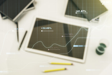 Poster - Double exposure of abstract creative statistics data hologram and digital tablet on background, top view, statistics and analytics concept