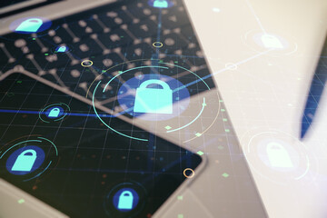 Poster - Double exposure of creative lock hologram with chip on laptop background. Information security concept
