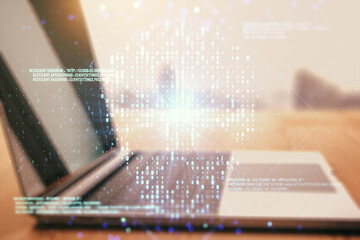 Poster - Creative concept of code skull illustration on modern laptop background. Hacking and phishing concept. Multiexposure