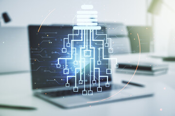 Aufkleber - Creative light bulb illustration with microcircuit on modern computer background, future technology concept. Multiexposure