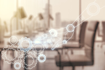 Aufkleber - Abstract virtual robotics technology hologram on a modern furnished office background. Robot development and automation concept. Multiexposure