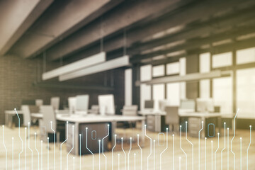 Aufkleber - Double exposure of abstract virtual circuit hologram on modern corporate office background. Research and development hardware concept