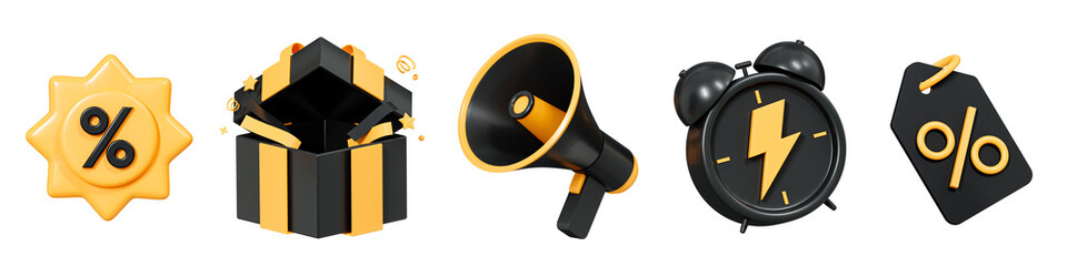 3D Black Friday sale set icon. Shopping promotion and discount. Megaphone, price tag, gift box and alarm clock with flash. Cartoon creative design icon isolated on white background. 3D Rendering