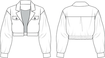 Women's Crop Bomber Jacket. Technical fashion illustration. Front and back, white color. Women's CAD mock-up.