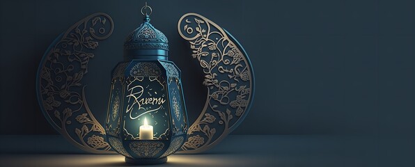 Background banner for Ramadan Kareem. Islamic greeting cards for Ramadan and Muslim holidays. moon and lantern on a blue banner. Generative Ai.