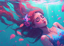 A Wonderful Beautiful Mermaid Under Water, Sleeping Scene, Generative Ai Technology