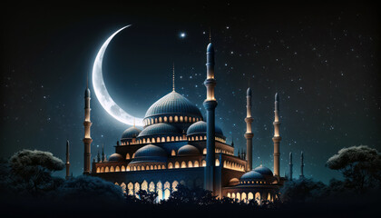 Mosque and crescent moon on dark blue sky, Ramadan concept, Generative AI