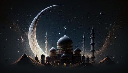 mosque and crescent moon on dark blue sky, ramadan concept, generative ai