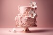 Pink wedding cake decorated with flowers on a pink background. Generative AI	