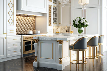 Wall Mural - Stylish cozy kitchen island in luxury house. Idea for interior design. AI